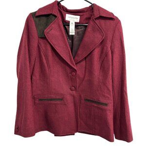 Liz Claiborne Woolmark Blend Blazer Red Brown Accent Faux Suede Trim Sz 12P